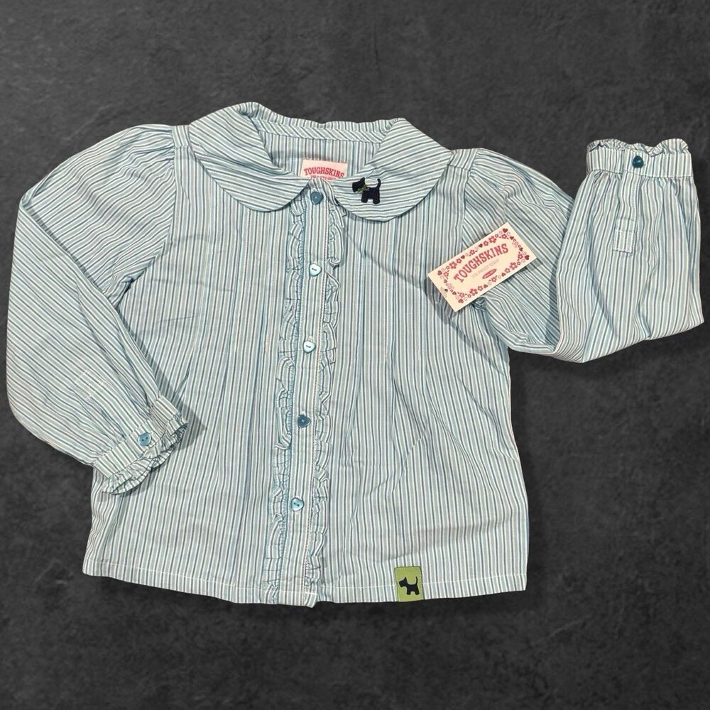 Vintage Toughskins Toddler Girls Blue Stripe Woven Top NWT 3T 2000s Y2K  Dog